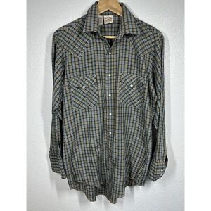 Western Frontier Shirt Mens Medium Green Beige‎ Plaid Pearl Snap Western USA